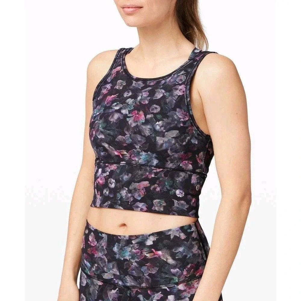 Lululemon Black‎ Purple Floral Cropped Fitness Power Pivot Tank Top Size XS